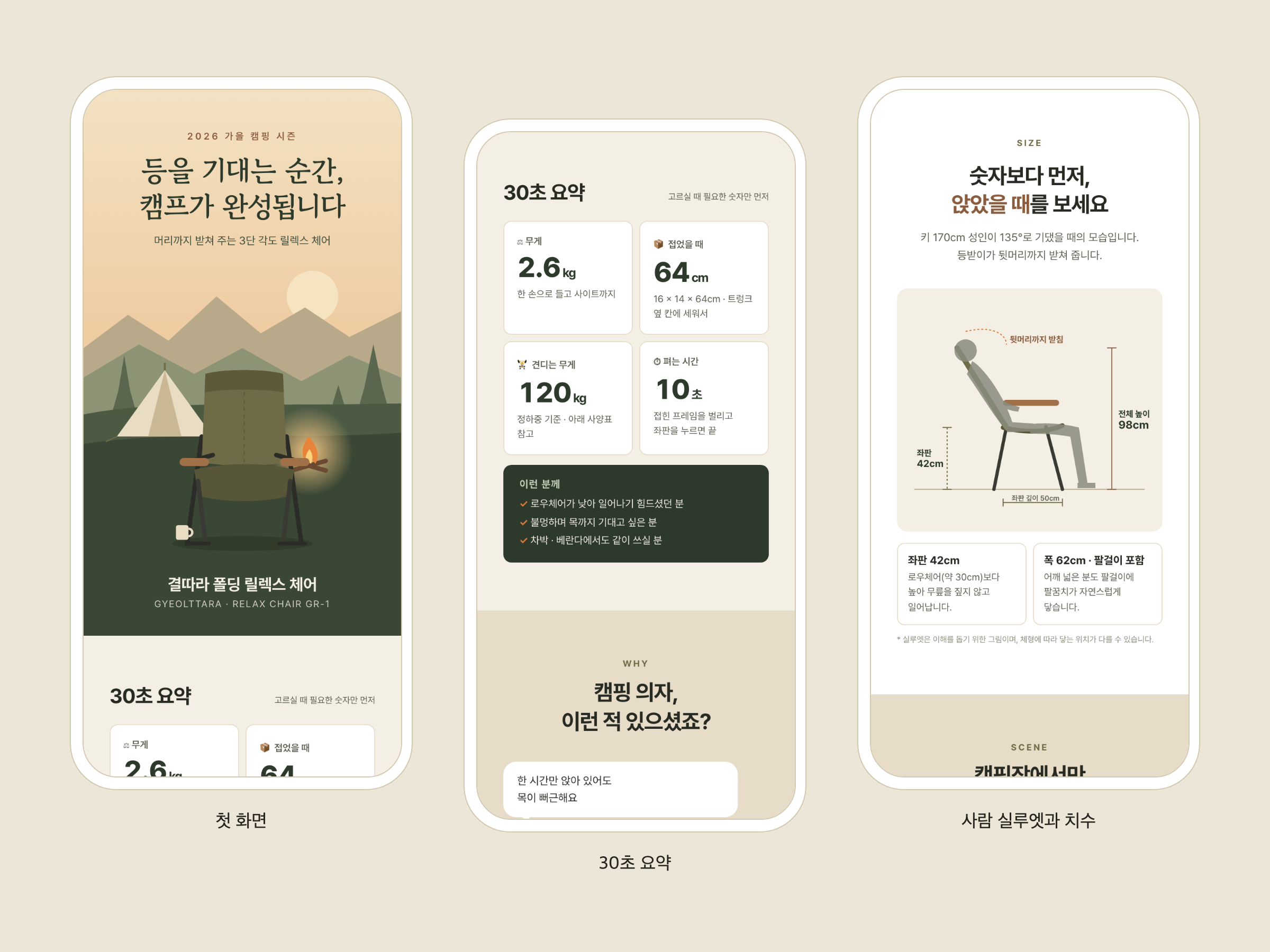 스마트스토어 상세페이지 「결따라 폴딩 릴렉스 체어」 — 휴대폰에서